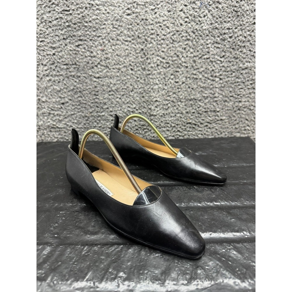Manolo Blahnik Leather Pointed Toe Slip On Flats Black Womens‎ Size 38.5 EU
